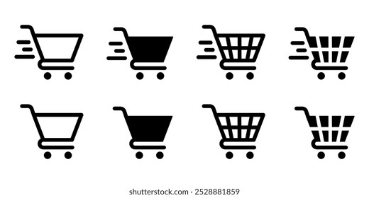 Cart icon set. Full and empty shopping cart symbol. Fast basket sign. Shop and sale pictogram. Online shopping illustration.
