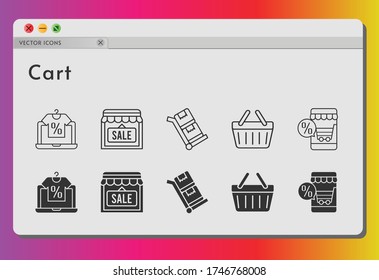 cart icon set. included online shop, shop, shopping-basket, shopping basket, trolley icons on white background. linear, filled styles.