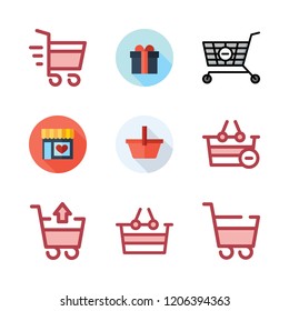 cart icon set. vector set about supermarkets, supermarket gift, shopping cart and shopping basket icons set.
