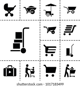 Cart icons. set of 13 editable filled cart icons such as wheel barrow, baby stroller, wheelbarrow