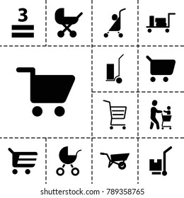 Cart icons. set of 13 editable filled cart icons such as wheel barrow, luggage, baby stroller