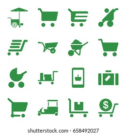 Cart icons set. set of 16 cart filled icons such as wheel barrow, luggage, baby stroller, dollar, construction