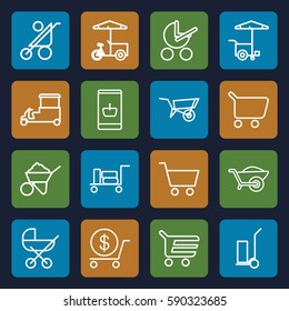 cart icons set. Set of 16 cart outline icons such as luggage, wheel barrow, baby stroller, dollar, construction, wheelbarrow