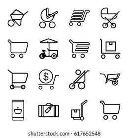 Cart icons set. set of 16 cart outline icons such as luggage, wheel barrow, baby stroller, dollar, construction