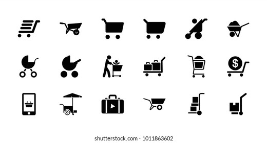Cart icons. set of 18 editable filled cart icons: wheel barrow, baby stroller, dollar, luggage, construction