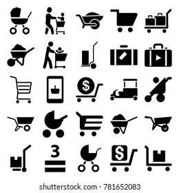 Cart icons. set of 25 editable filled cart icons such as wheel barrow, luggage, baby stroller, dollar, construction, online shopping, wheelbarrow