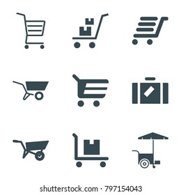 Cart icons. set of 9 editable filled cart icons such as wheel barrow