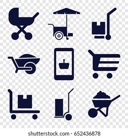 Cart icons set. set of 9 cart filled icons such as baby stroller, construction, wheelbarrow