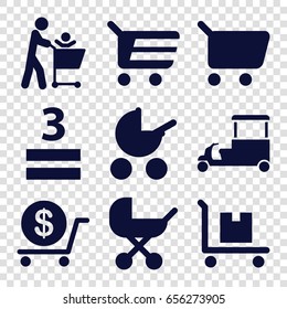 Cart icons set. set of 9 cart filled icons such as baby stroller, dollar