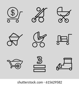Cart icons set. set of 9 cart outline icons such as luggage, baby stroller, dollar, construction, fast food cart, wheelbarrow