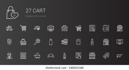 cart icons set. Collection of cart with store, online shop, supermarket, products, room service, shelf, doorman, trolley, supermarkets, product. Editable and scalable cart icons.