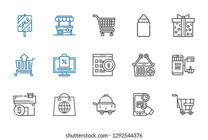 cart icons set. Collection of cart with trolley, online shopping, room service, shopping, mortgage, e commerce, online shop, supermarket gift. Editable and scalable cart icons.