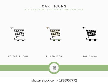 Los iconos de carro establecen la ilustración vectorial con estilo de línea de icono sólido. Concepto de tienda minorista en línea. Icono de trazo editable en fondo aislado para diseño web, interfaz de usuario y aplicación móvil