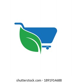 Vector de la plantilla de diseño del logotipo de carrito y hoja. Carro de compras y deja el icono del logotipo
