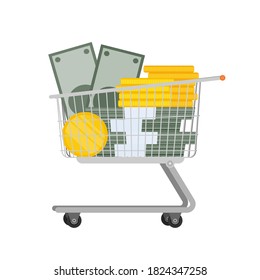 Cart and a mountain of money. Basket with gold coins and bundles of money. The concept of a successful business, earnings and wealth. Isolated. Vector.