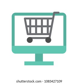 Cart on computer screen, Flat icon shopping online and e commerce concept
