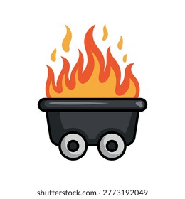 Cart on fire with flames coming out of it on white background
