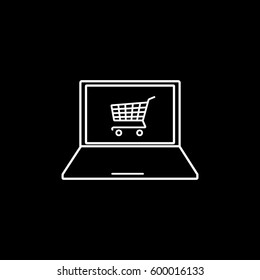 Cart On Laptop Computer Line Icon On Black Background