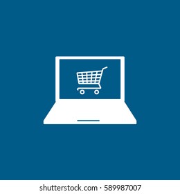 Cart On Laptop Flat Icon On Blue Background