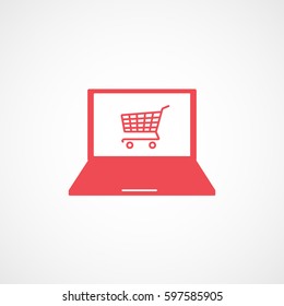 Cart On Laptop Red Flat Icon On White Background 