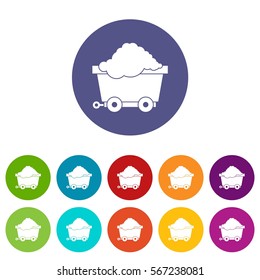 Cart on wheels with coal set icons in different colors isolated on white background