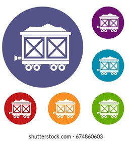 Cart on wheels with gold icons set in flat circle reb, blue and green color for web