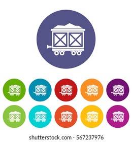 Cart on wheels with gold set icons in different colors isolated on white background