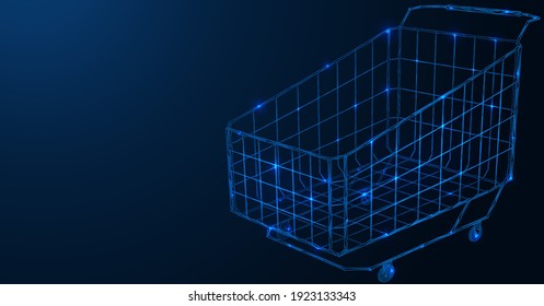 Cart on wheels for shopping. Online store. Low-poly construction of interlocking lines and dots. Blue background.