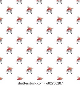 Cart on wheels with shopping pattern seamless repeat in cartoon style vector illustration