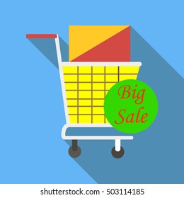 Cart on wheels with shopping on sale icon. Flat illustration of cart on wheels with shopping on sale vector icon for web
