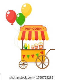 Cart with popcorn and corn. Festive decor with flags and balloons. Vector illustration in cartoon flat style.