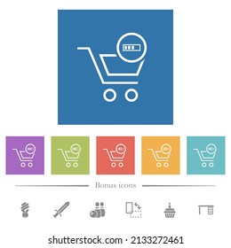 Cart processing outline flat white icons in square backgrounds. 6 bonus icons included.