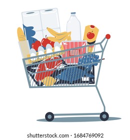 Cart with products. Milk, juice, lemon, tomatoes, grapes, toilet paper, fish, eggs, meat, sausages. Vector, cartoon illustration.