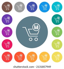 Cart save outline flat white icons on round color backgrounds. 17 background color variations are included.
