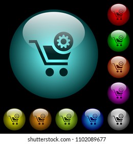 Cart settings icons in color illuminated spherical glass buttons on black background. Can be used to black or dark templates