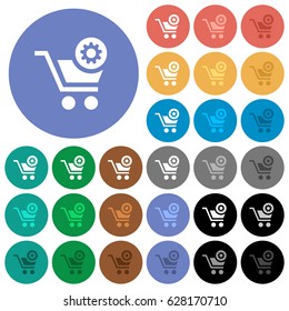 Cart settings multi colored flat icons on round backgrounds. Included white, light and dark icon variations for hover and active status effects, and bonus shades on black backgounds.