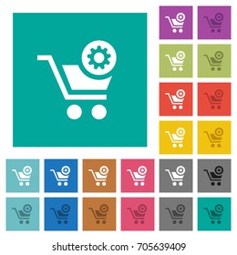 Cart settings multi colored flat icons on plain square backgrounds. Included white and darker icon variations for hover or active effects.