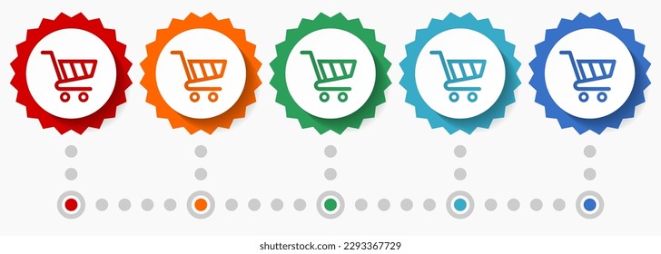 Cart, shop vector icon set, colorful infographic template, set of flat design badge icons in 5 color options