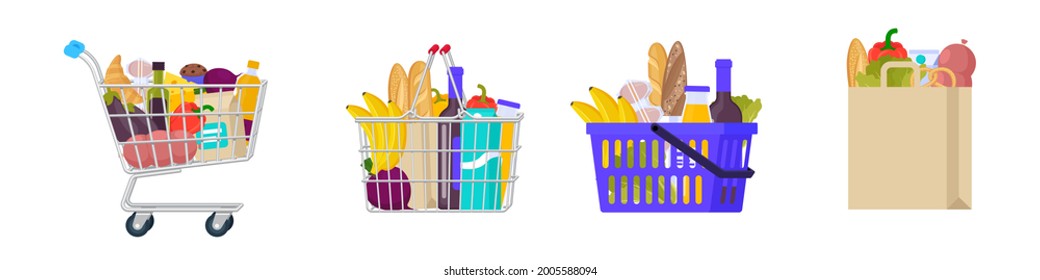Cart, shopping bag, shopping basket concept. Realistic flat vector illustration set for website, banner, landing page, mobile application design. Food assortment. Grocery online, grocery delivery.  