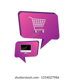 cart shopping with computer in speech bubbles vector illustration design
