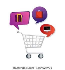 cart shopping with set icons vector illustration design