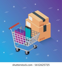 cart shopping with set icons vector illustration design