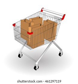 Cart shopping supermarket with packages. Trolley 3d for shopping. Retail Equipment. Vector illustration on a white background.