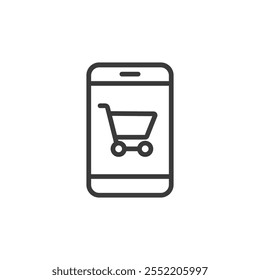 Cart sign on phone, icon in line design. Cart, sign, phone, shopping, mobile, add, buy on white background vector. Cart sign on phone editable stroke icon