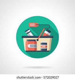 Cart with sport nutrition jars and red price tag for healthy or active lifestyle. Round detailed flat color vector icon