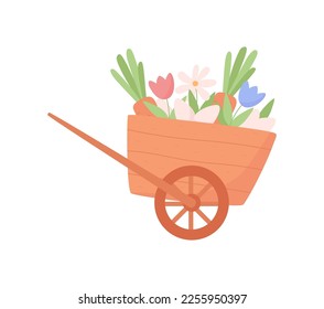 Carro con flores primaverales y verduras ilustración plana vectorial aislada en fondo blanco. Diseño primaveral para tarjetas de felicitación de Pascua y decoración de carteles.