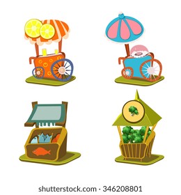 Cart Stall and Street Food Vector Illustration Set 