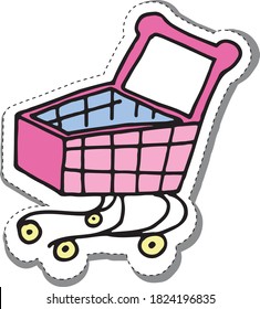 Cart sticker. Pink store cart. Shop basket sticker. Pink shop basket. Doodle shop basket. Sale sticker for market. Supermarket sticker