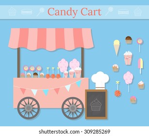 Cart with street desserts in flat style. Sweet shop local store. Cotton candy, lollipops, muffins, cupcakes, popcorn, ice cream, caramel apples.