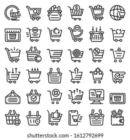 Cart supermarket icons set. Outline set of cart supermarket vector icons for web design isolated on white background